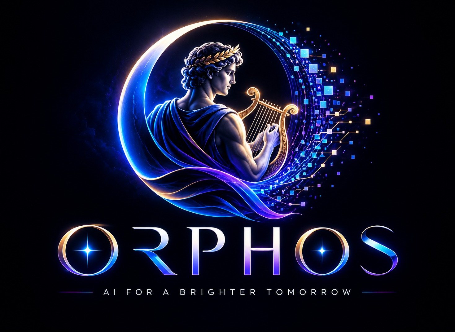 Orphos: Orpheus with his lyre inside a glowing crescent, notes dissolving into data. AI for a brighter tomorrow.
